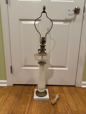 Vintage Tall Milk Glass Brass Marble Base Table Lamp Oil Lamp Style Victorian